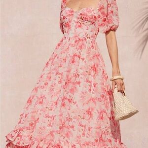 Pink Floral Puff Sleeve Maxi Dress